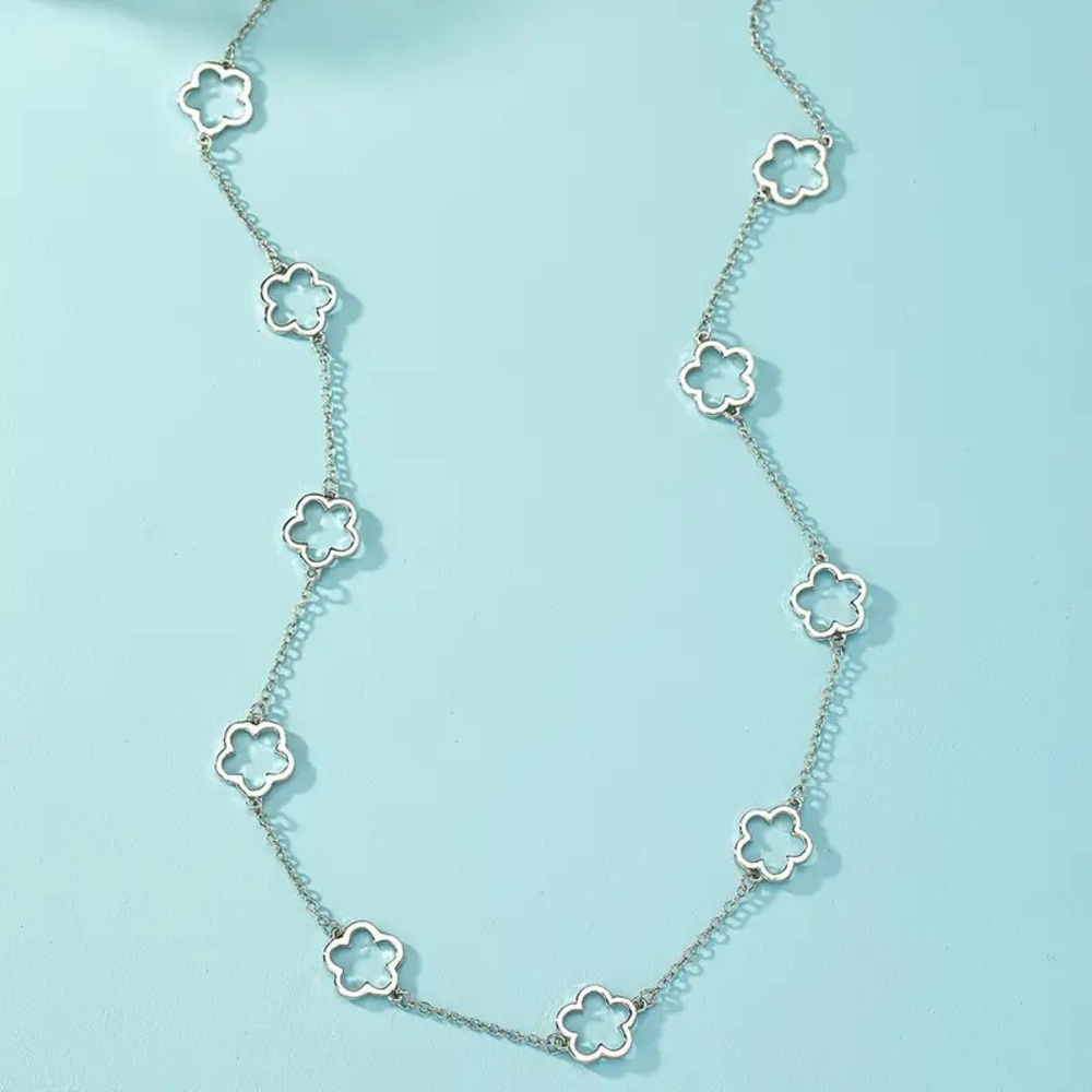 Silver Geometric Hollow Floral Long Necklace Flower Design